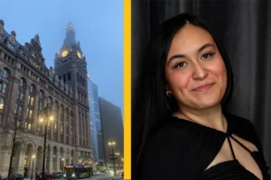 A split image shows the Milwaukee city hall on one side and a headshot of a young Hispanic woman on the other.