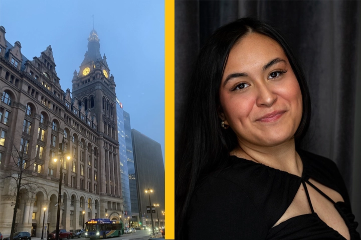 A split image shows the Milwaukee city hall on one side and a headshot of a young Hispanic woman on the other.