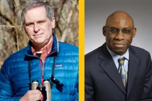 Side by side headshots. On the left is a white man in a blue coat with binoculars hanging from a string on his neck. Bare trees are in the background. On the right is a black man wearing a black suit and glasses against a gray background.