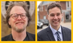 Two head shots of white, middle-aged men. On the left is a man with blond hair, a beard, and glasses. On the right is a man with greying hair wearing a blazer and tie, smiling outdoors.