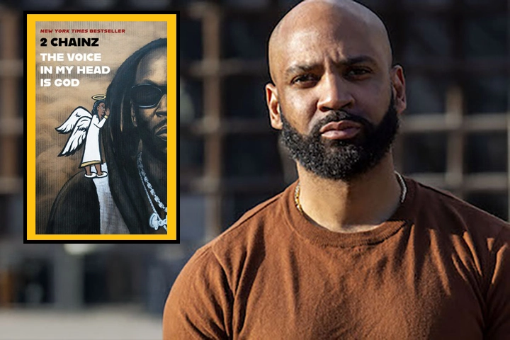 Headshot of a bald Black man with a dark, full beard. On his left is superimposed an image of the book cover of The Voice in My Head is God by 2 Chainz.