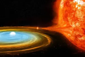 A graphic rendering of a small white dwarf star surrounded by blue and orange rings. The material of the rings is being pulled from a nearby fiery red star.