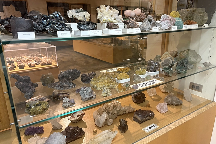 Display cases of various colored minerals.