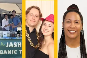 Three panels; the first shows a couple and their son standing behind a table with a green cloth. The second is a white couple posing for a photo booth. The third is a headshot of a Black woman with braids.