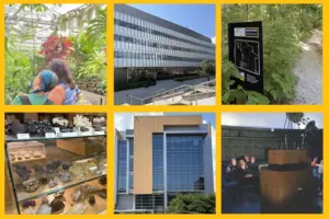 A panel of six images. Top left are two people looking at plants in a greenhouse. Top middle is a long building with three banks of windows. Top left is a black sign with a trail map in front of a gravel trail leading into green trees. Bottom left is a display case of mineral samples. Bottom middle is a tall building with a glass front. Bottom right is a projector with in a planetarium with people looking up at the dome ceiling.