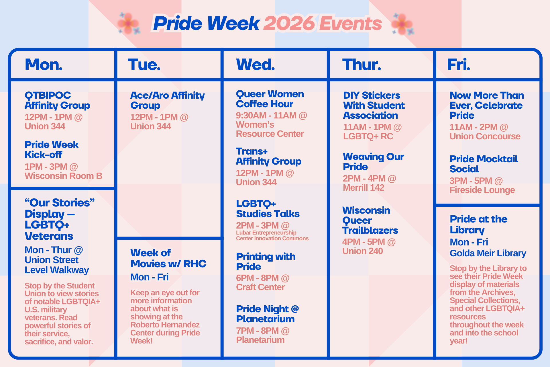 Pride Week 2026 calendar - event information is also listed in the content of the page