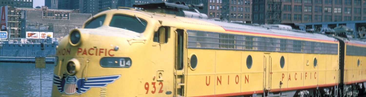 Photograph of Union Pacific train in city setting