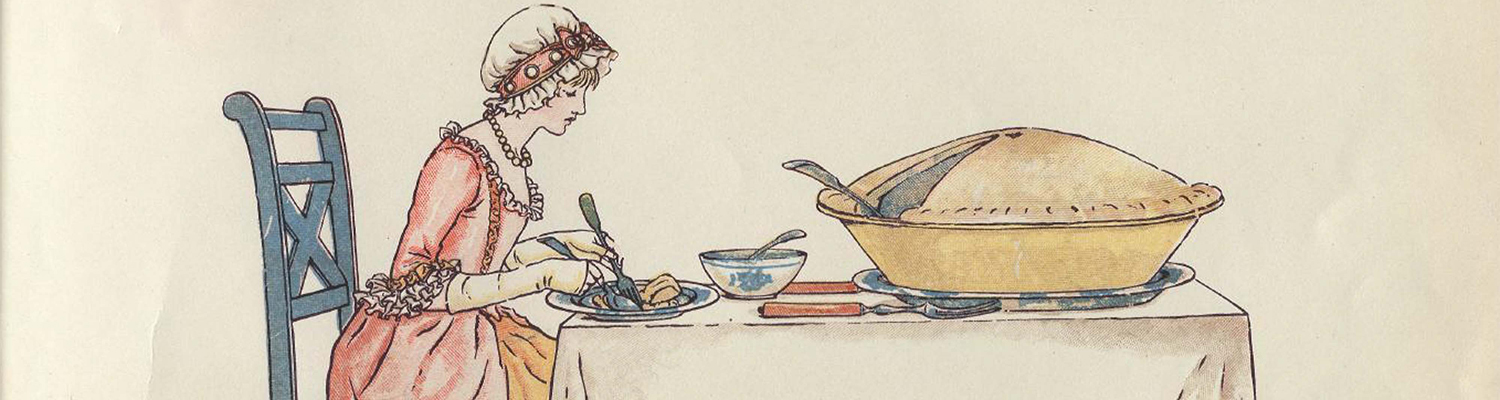 Detail of children's book illustration showing a young lady eating a piece of pie next to a very large pie