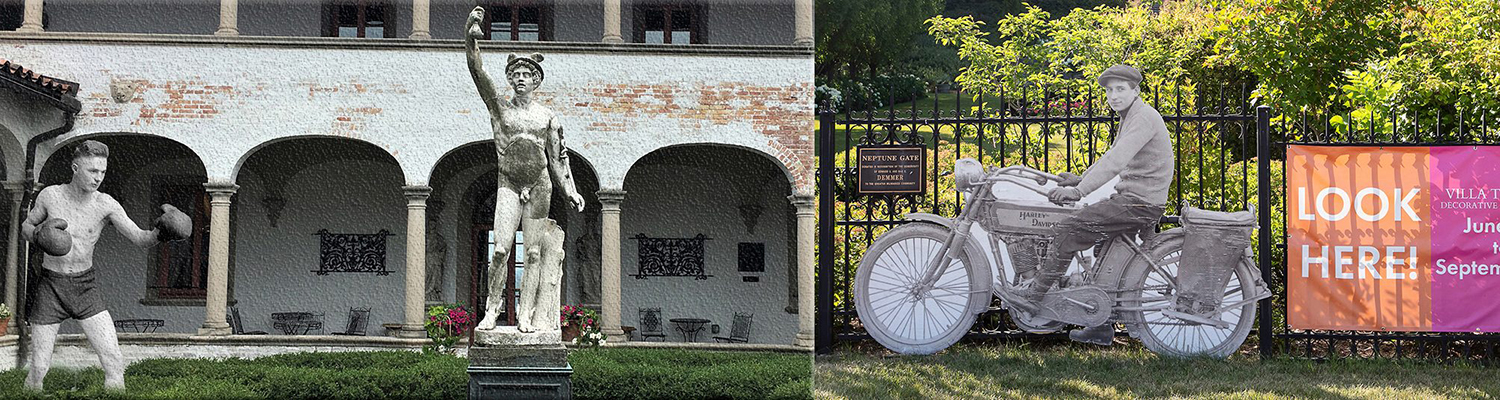 Image of two works from the Look Here! exhibit in an outdoor setting