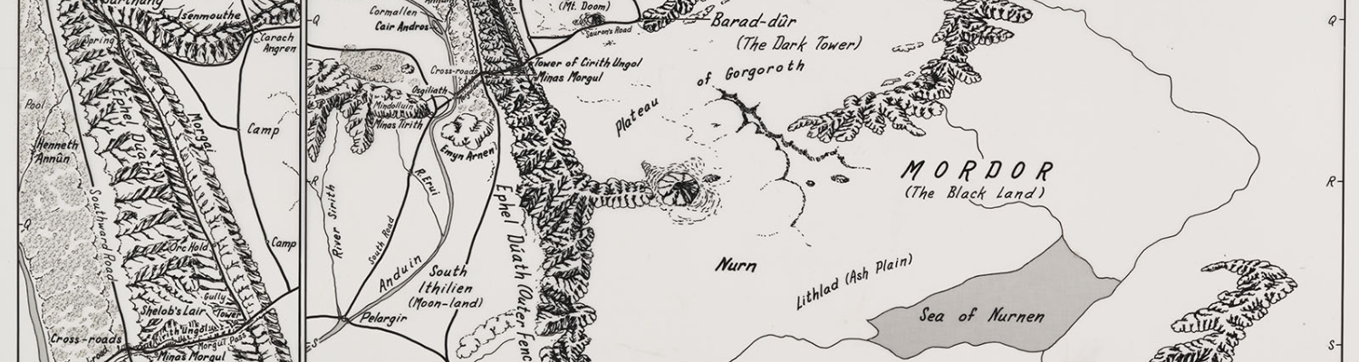 Black and white map from Karen Wynn Fonstad Collection depicts fictional world from work of J.R.R. Tolkien.