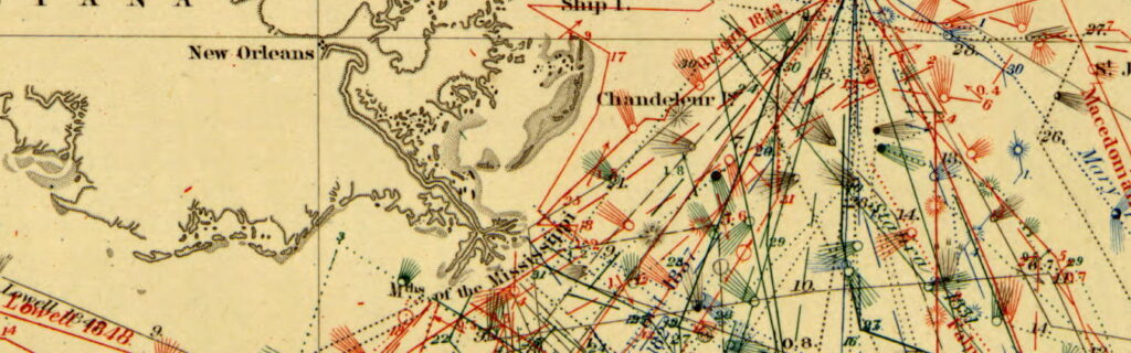 Detail of Wind and Current Chart of the North Atlantic by M.F. Maury, 1850.