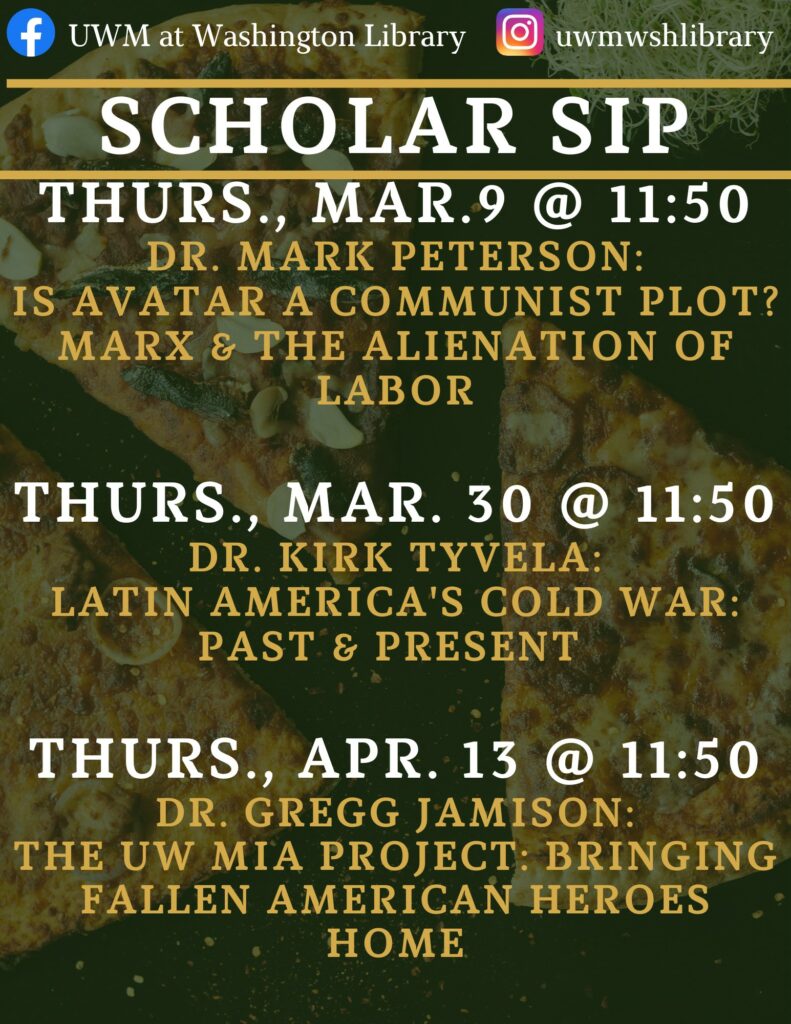 Graphic with text announcing Scholar Sip schedule