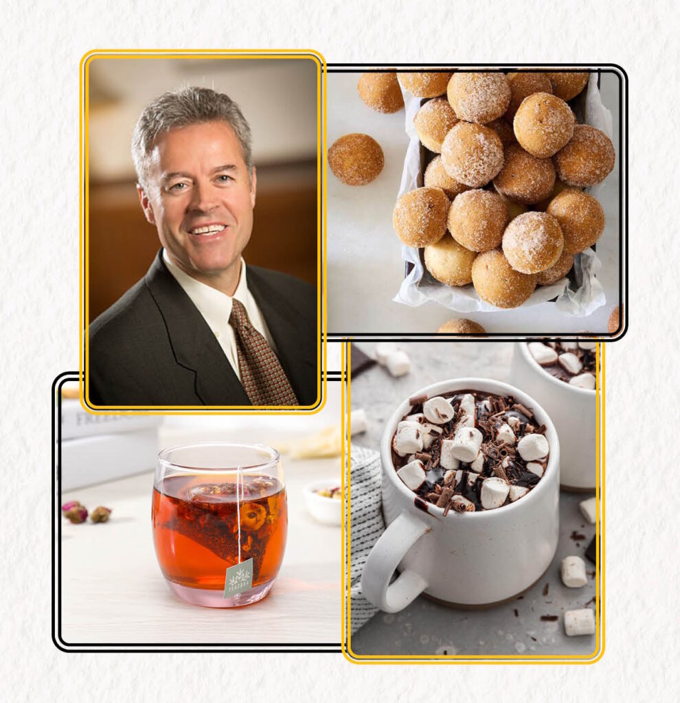 photomontage with photo of Chancellor Mone and various snacks