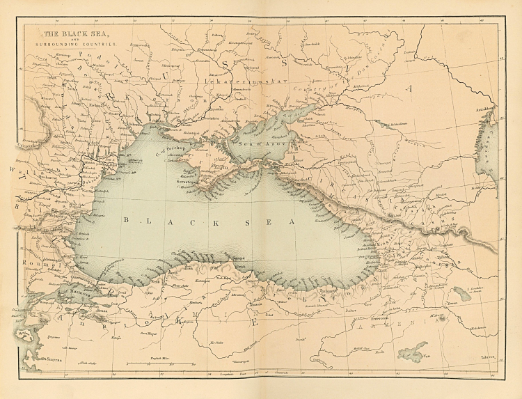 A sepia-toned map features the Black Sea and surrounding nations.
