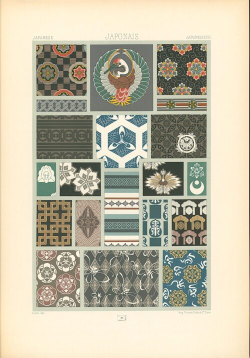 A decorative print showcases floral designs and a large bird motif.