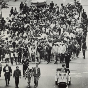 Protestors march in the street.