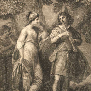 An artistic image depicts two individuals in historical garb, one of which holds a musical instrument.