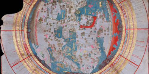 Colorful map of the world dating back to the 1400s.