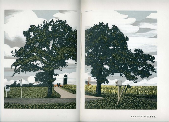 Two-page spread in an art book features mature trees in front of farm land. 