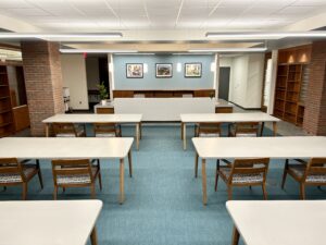 Tables line the Archives and Special Collections reading room.