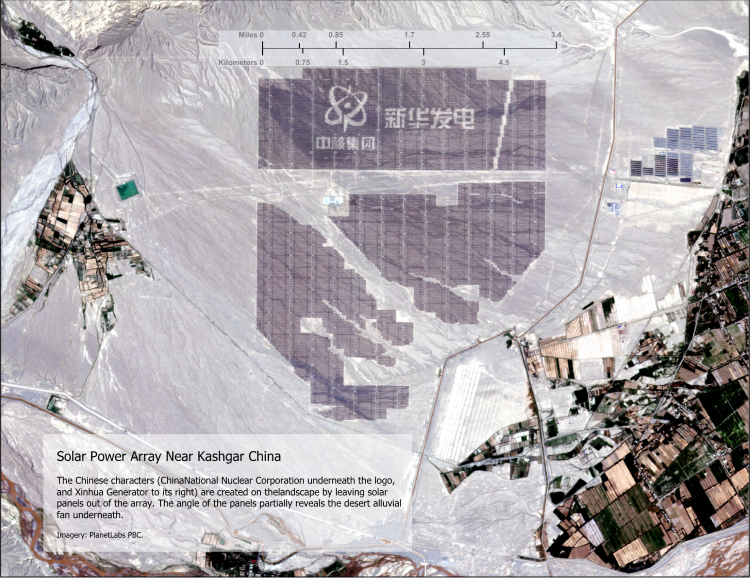 An aerial photograph depicts Chinese solar panels.