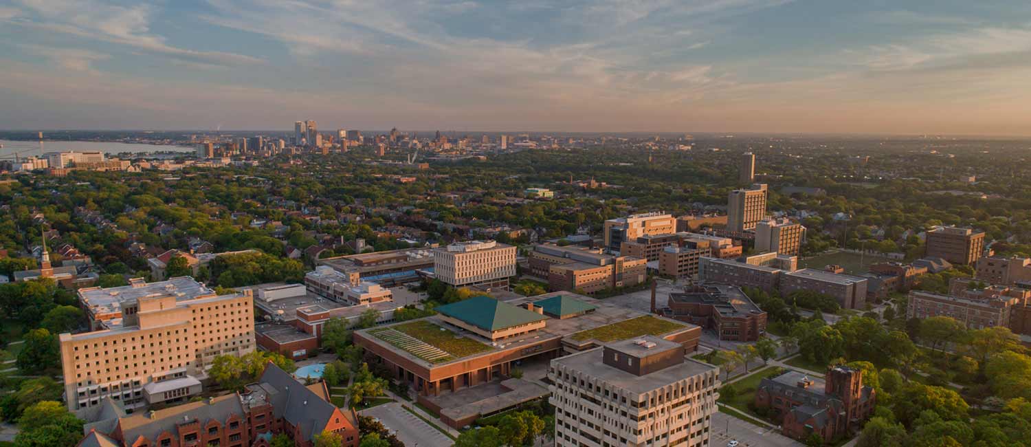 Aerial view of the UWM campus with the Milwaukee skyline in the background