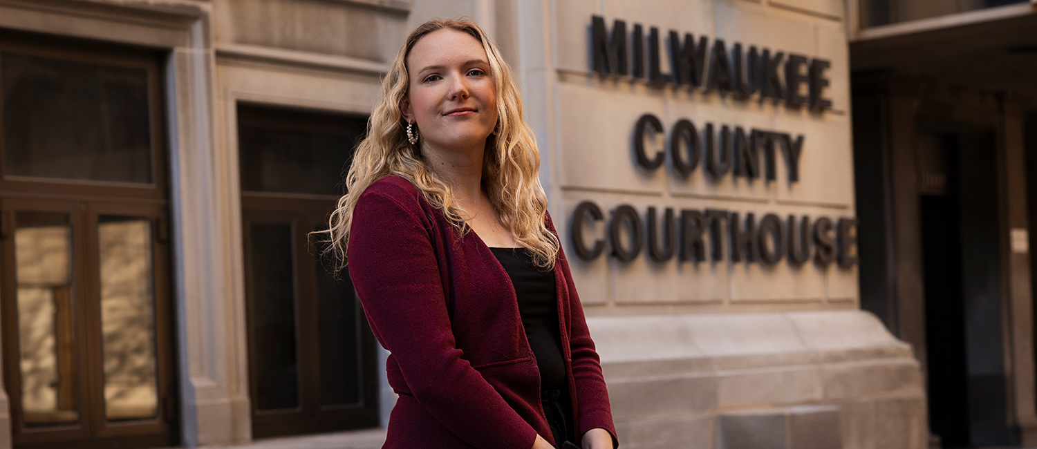Criminal Justice student, Jayden, outside of the Milwaukee County Courthouse