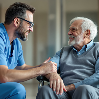 A healthcare worker interacting with an older patient.