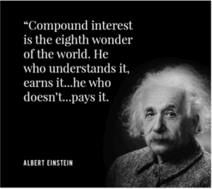 Quote on compound interest attributed to Albert Einstein, with text overlay on a monochrome background.