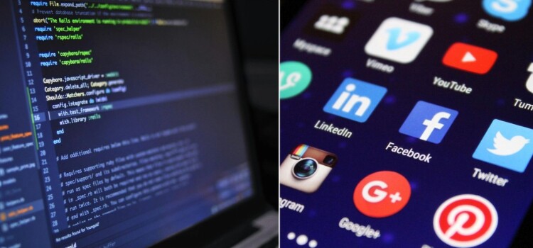 Split-screen showing code on a laptop and a smartphone screen with social media icons.