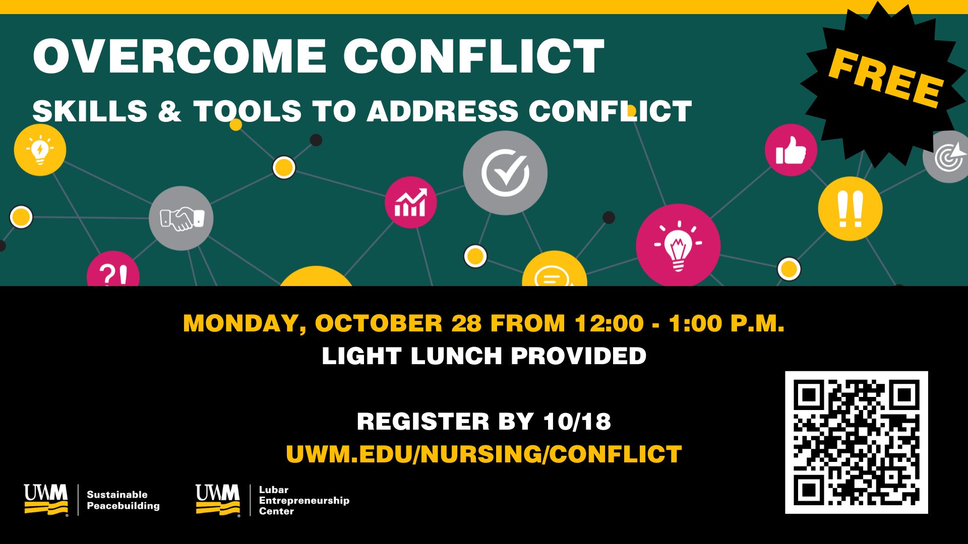 Flyer for a free conflict resolution event on Oct 28 with light lunch, registration details, and QR code.