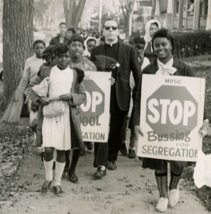 Protesters against school segregation with James Groppi. Courtesy Wisconsin Historical Society