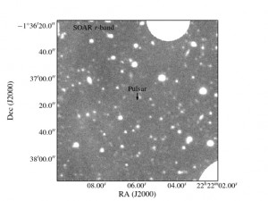An image taken in visible light at the SOAR telescope of the field of the pulsar/white dwarf pair. There is no evidence for the white dwarf in this deep image, indicating that the white dwarf is much fainter, therefore cooler, than any such known object. (Credit B. Saxton, NRAO/AUI/NSF) Click image for larger view.