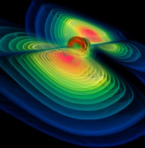 Computer simulation of two black holes merging into one, and the release of energy in the form of gravitational waves. Photo credit Bernd Brügmann, Max Planck Institute for Astrophysics. 