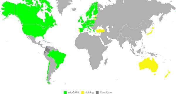 This map demonstrates the interest in worldwide collaboration. Those countries with national research and education federations participating in eduGAIN are in green, with countries in the process of joining in yellow.
