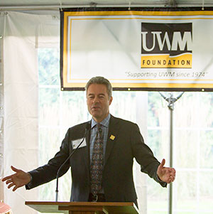 Interim Chancellor Mark Mone greets guests at an Oct. 1 event celebrating the Foundation’s 40th anniversary.(Photo by Derek Rickert)