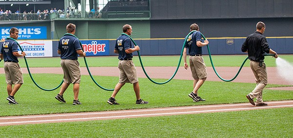 The Brewers ground crew takes the field. Milwaukee’s team is partnering with Innovative Weather at UWM to get up-to-the-minute, customized forecasts that allow Brewers staff to decide whether to keep the stadium’s roof open or closed, and how to care for the natural grass field.