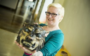 Alumna Melissa Ebbe (standing) makes masks and role-playing accessories as owner and artist at Milwaukee-based company Feral Works. Jan. 13, she takes her talents to TV as a cast member of the SyFy reality series "Face Off." (UWM Photo/Derek Rickert)