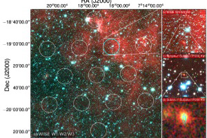 On the right are successive views of where the FRB signal came from, including the FRB galaxy at bottom right. (Image provided by David Kaplan) 
