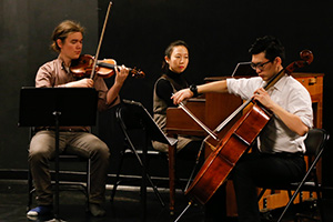 UWM musicians Ernest Brusubardis IV (left), Jiwon Lee and Jichen Li. (UWM Photo/Sandi Manikowski)