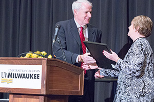 Mayor Tom Barrett congratulates Dean Sally Lundeen at Thursday's Celebrating Community Impact event. (UWM Photo/Troye Fox)