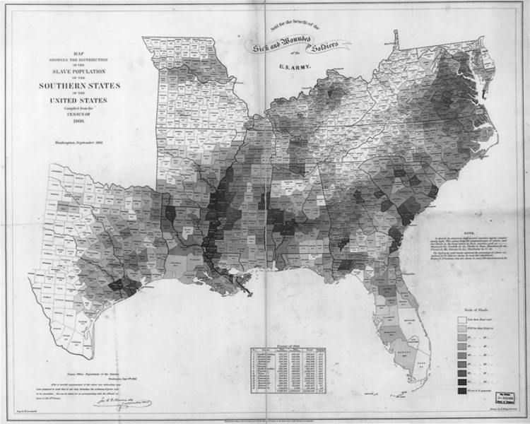 “Map Showing the Distribution of the Slave Population of the Southern States of the United States . . . 1860.” This 1861 map was one of the earliest census efforts to illustrate population pat- terns for the general public. (Library of Congress, Geography and Map Division, Drawn by E. Hergesheimer, Engr. by Th. Leonhardt [Washington, DC: Henry S. Graham, 1861]) 