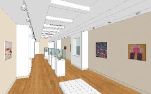 A rendering shows the interior of the renovated UWM Art History Gallery in Mitchell Hall. (Rinka Chung)