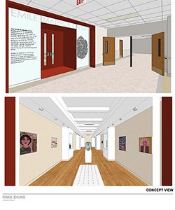 Renderings show the entry (top) and interior of the renovated UWM Art History Gallery in Mitchell Hall. (Rinka Chung)