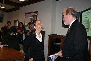 Sonia Durán, vice president of international affairs at the Universidad del Rosario, and Timothy Ehlinger of UWM’s Peace Studies program discuss ideas after the conference. (UWM Photo/Kathleen Quirk)