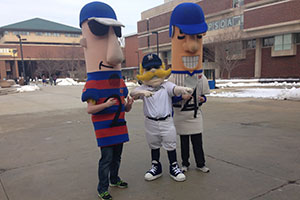 Brewers mascots stand in Spaights Plaza at UWM.
