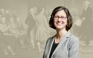 A photo of Mary Sarah Bilder is superimposed over a painting of the creation of the U.S. Constitution.