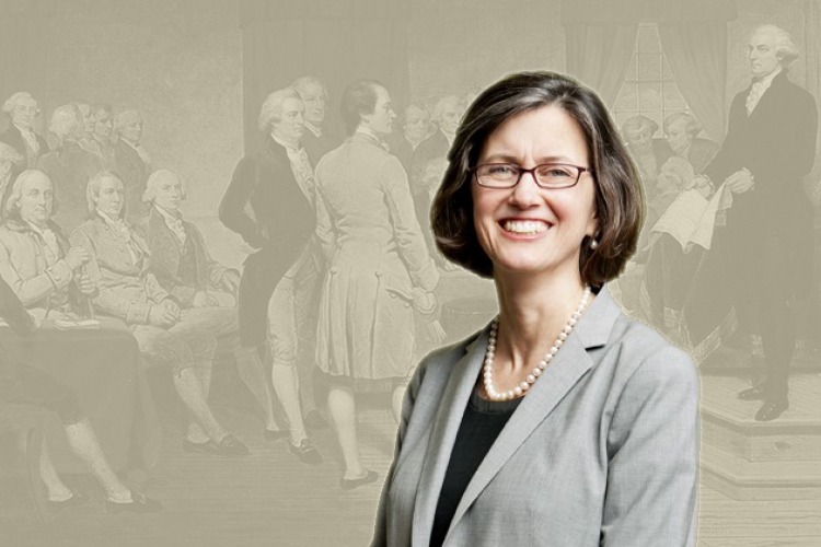 A photo of Mary Sarah Bilder is superimposed over a painting of the creation of the U.S. Constitution.