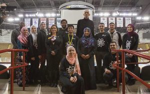 Kareem Abdul-Jabbar and members of the UWM Muslim Student Association visited the UW-Milwaukee Panther Arena, the home of the Milwaukee Bucks when Abdul-Jabbar played in Milwaukee. (UWM Photo/Troye Fox)