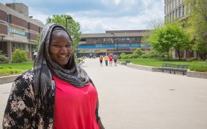 Jameelah A. Love stands near Spaights Plaza on the campus of UWM.